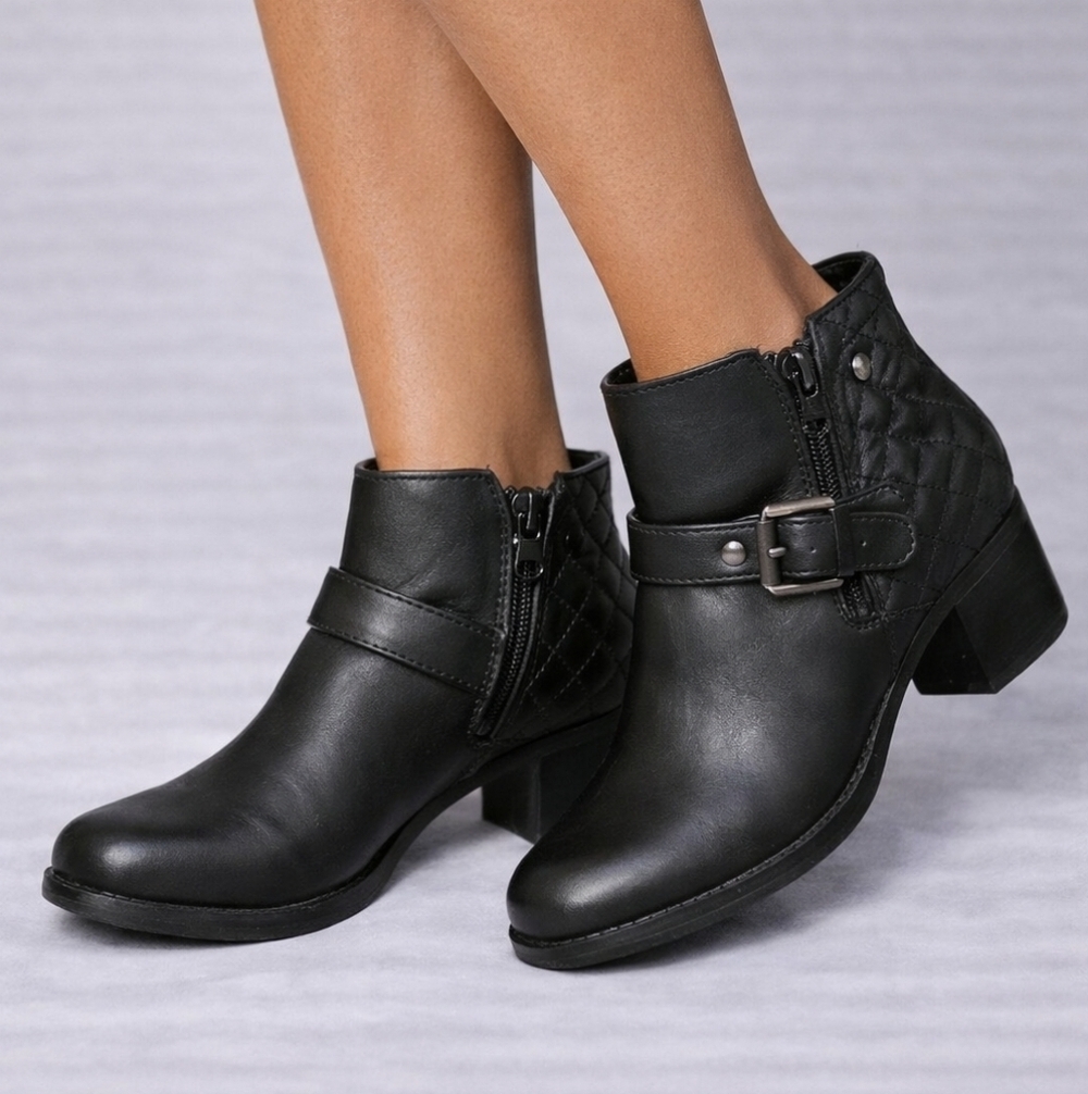 3/$30 DANA BUCHMAN Black Quilted Faux Leather Buckle Ankle Booties